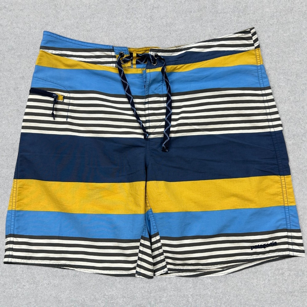 Patagonia Board Shorts Men's 34 Blue Yellow Wavefarer Striped Beach Surf Swim